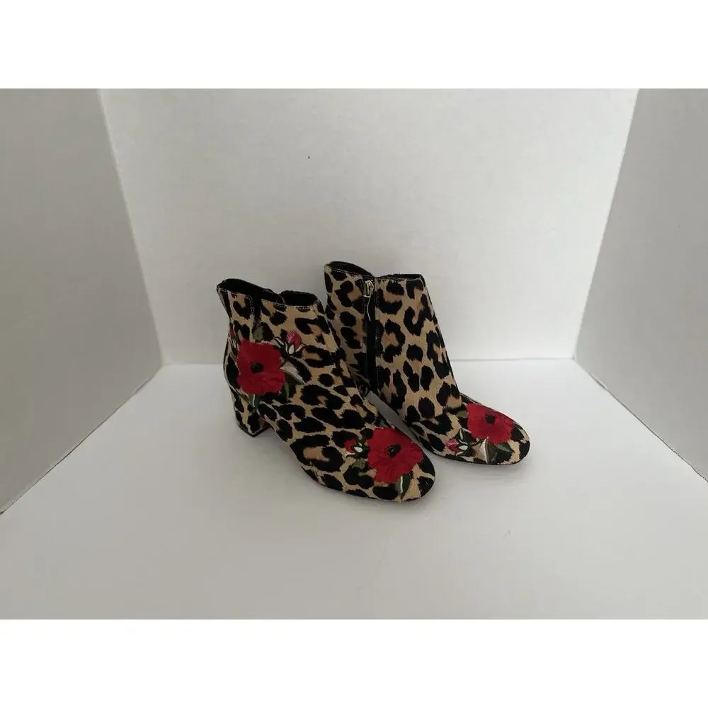 KATE SPADE LEOPARD CALIF HAIR BOOTIES WITH ROSE EMBROIDERED DETAIL, SIZE 6M